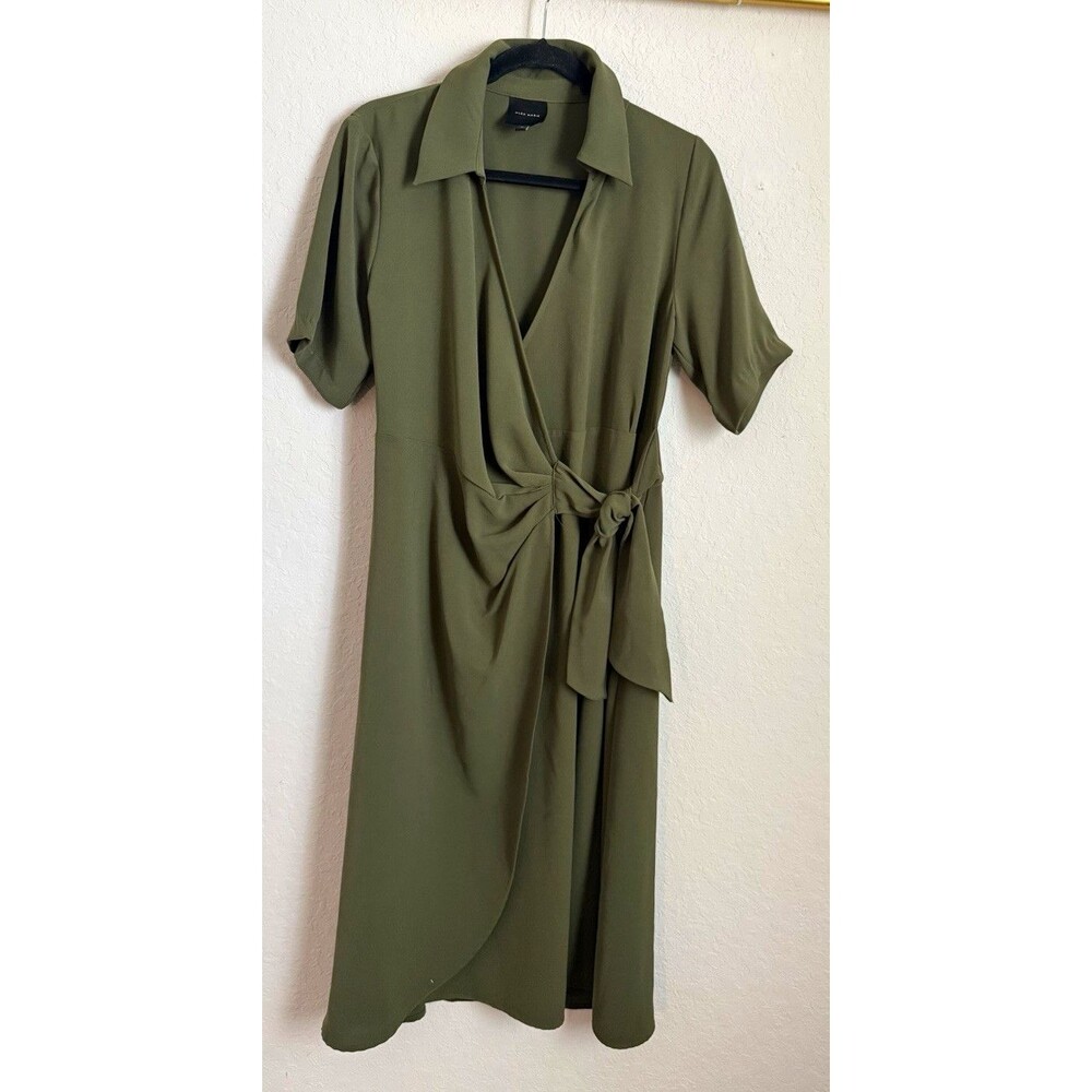 Alex Marie Green Solid Collared Short Sleeve Tie Waist fall wrap Dress Sz M